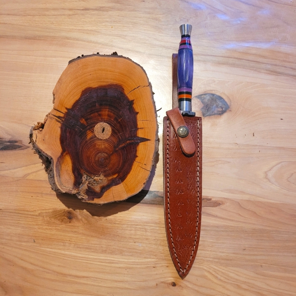 Damascus bone handle Knife dagger with wooden display Stand and leather sheath.